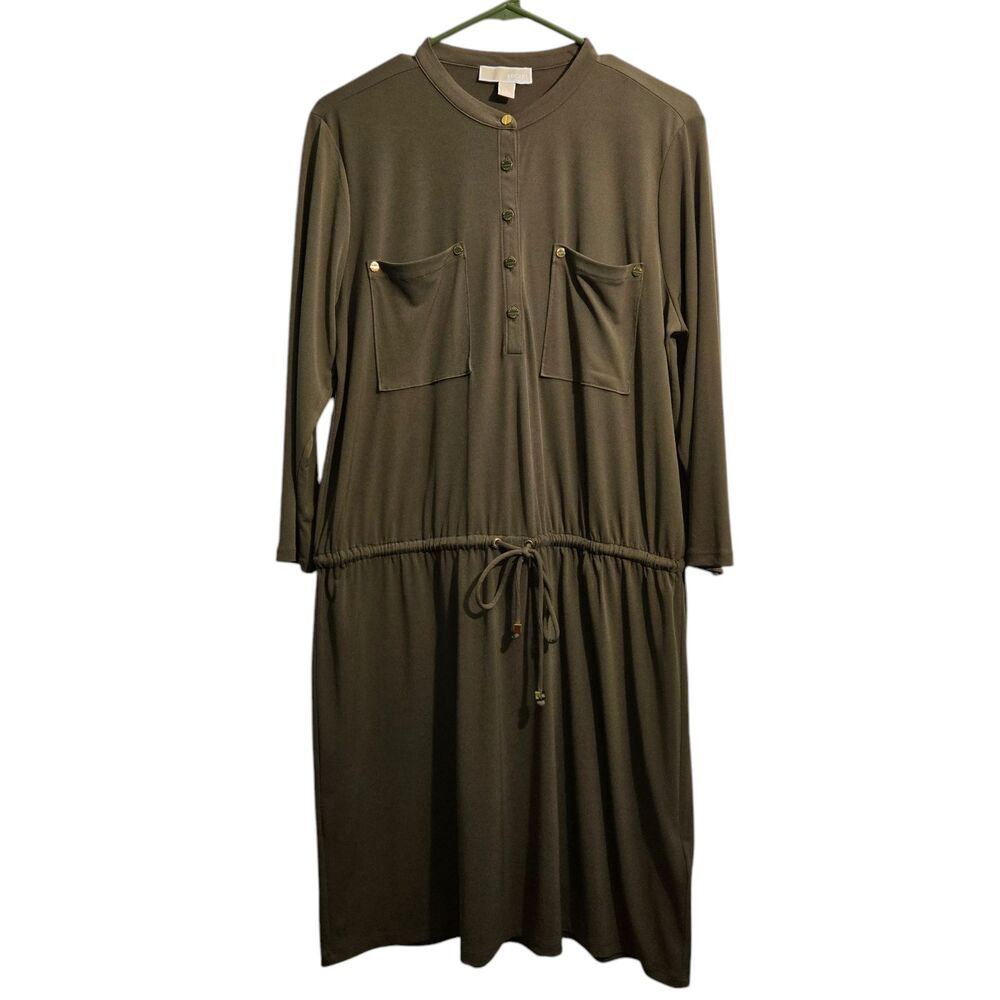 Michael Kors Dress Women L Olive Green Long Sleeve Button Front Midi Drop Waist